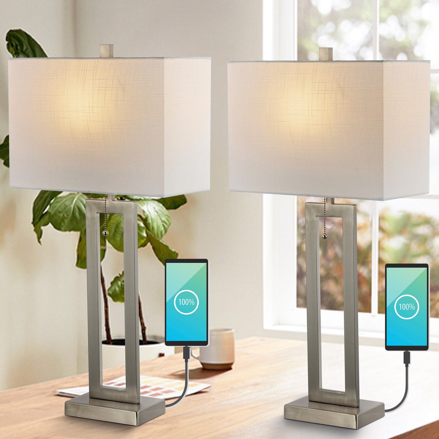 Lampe de table LED Lucie 28,5 en fer style industriel vintage avec chaînette et port de chargement USB (lot de 2) par JONATHAN Y