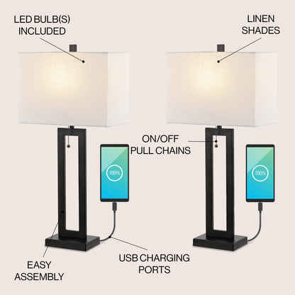 Lampe de table LED Lucie 28,5 en fer style industriel vintage avec chaînette et port de chargement USB (lot de 2) par JONATHAN Y