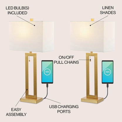 Lampe de table LED Lucie 28,5 en fer style industriel vintage avec chaînette et port de chargement USB (lot de 2) par JONATHAN Y