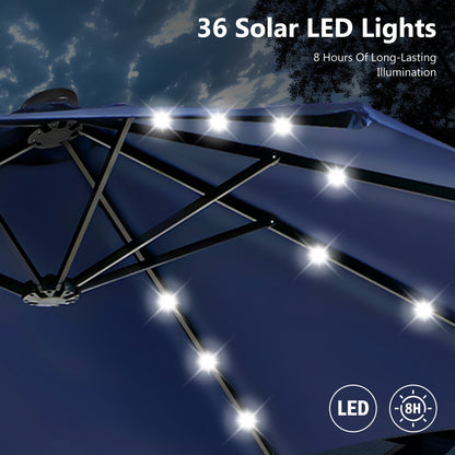 Parasol de marché d'extérieur rectangulaire à manivelle double face MAISON ARTS de 4,57 m (15 pi), avec éclairage solaire à DEL et base incluse