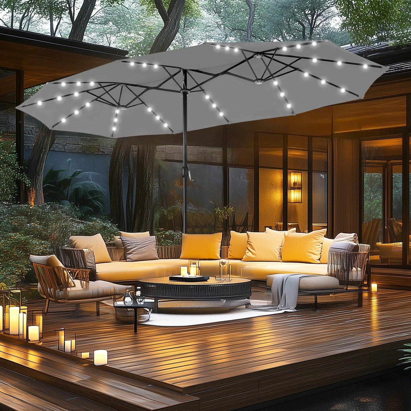 Parasol de marché d'extérieur rectangulaire à manivelle double face MAISON ARTS de 4,57 m (15 pi), avec éclairage solaire à DEL et base incluse