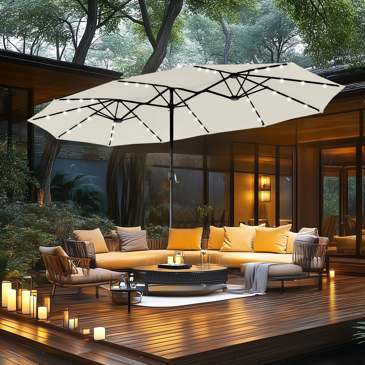 Parasol de marché d'extérieur rectangulaire à manivelle double face MAISON ARTS de 4,57 m (15 pi), avec éclairage solaire à DEL et base incluse