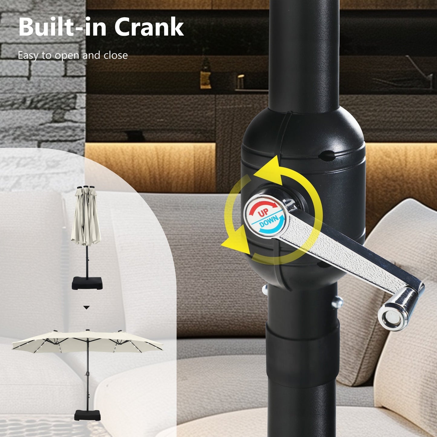 Parasol de marché d'extérieur rectangulaire à manivelle double face MAISON ARTS de 4,57 m (15 pi), avec éclairage solaire à DEL et base incluse