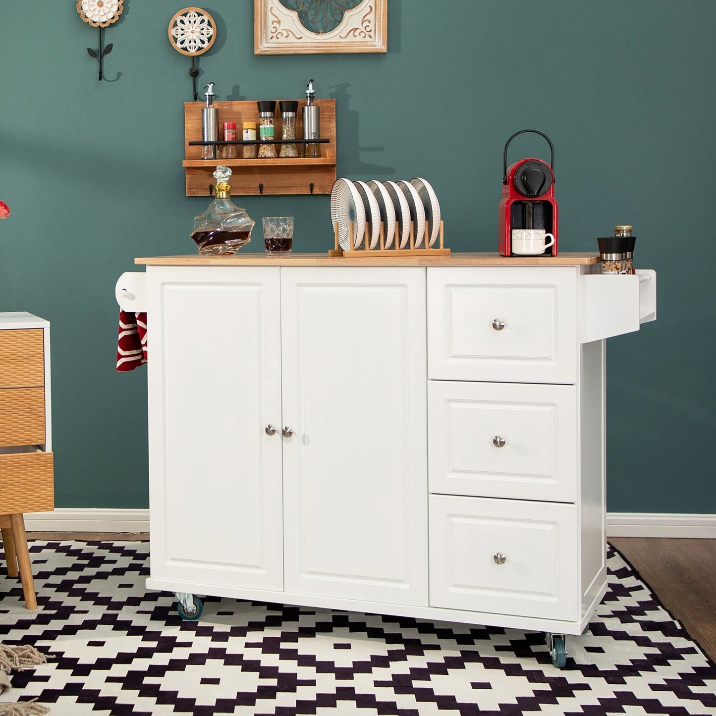 Chariot de cuisine Sophia &amp; William avec plateau rabattable en bois d'hévéa, chariot de cuisine roulant avec grand meuble de rangement