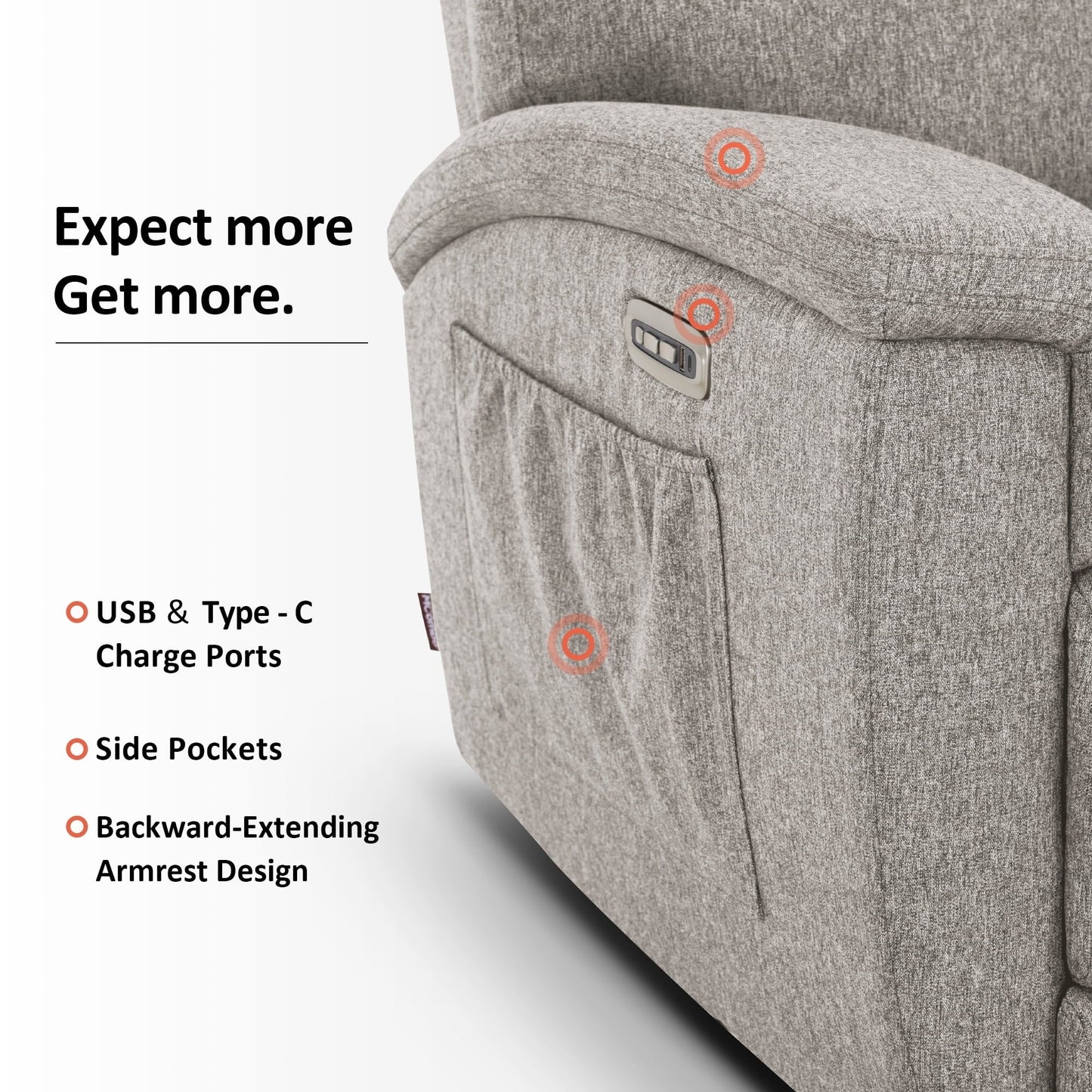 Canapé inclinable électrique MCombo 60.2 avec fonction massage et chauffage double, appui-tête réglable, ports USB et Type C, revêtement en tissu