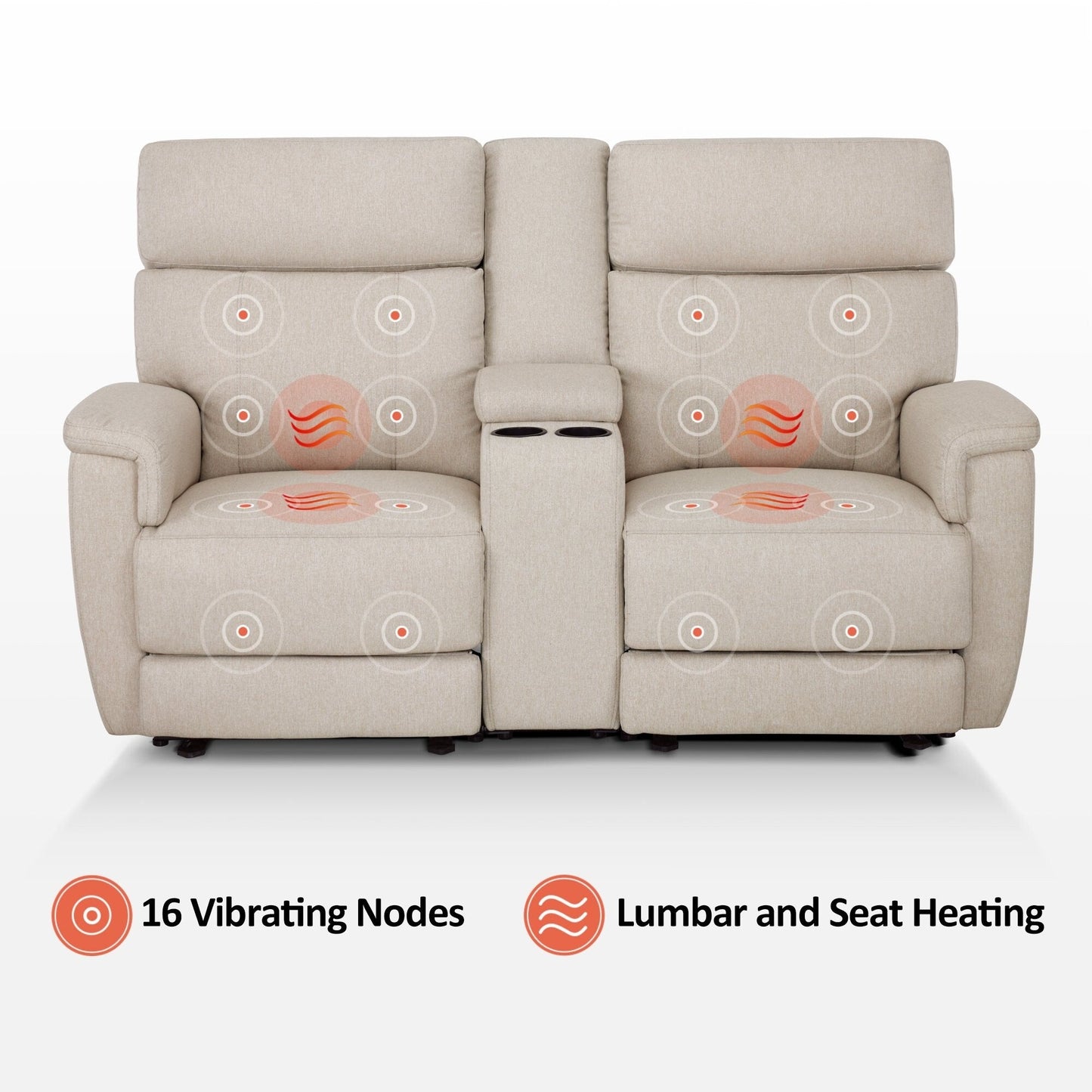 Canapé inclinable électrique MCombo 60.2 avec fonction massage et chauffage double, appui-tête réglable, ports USB et Type C, revêtement en tissu