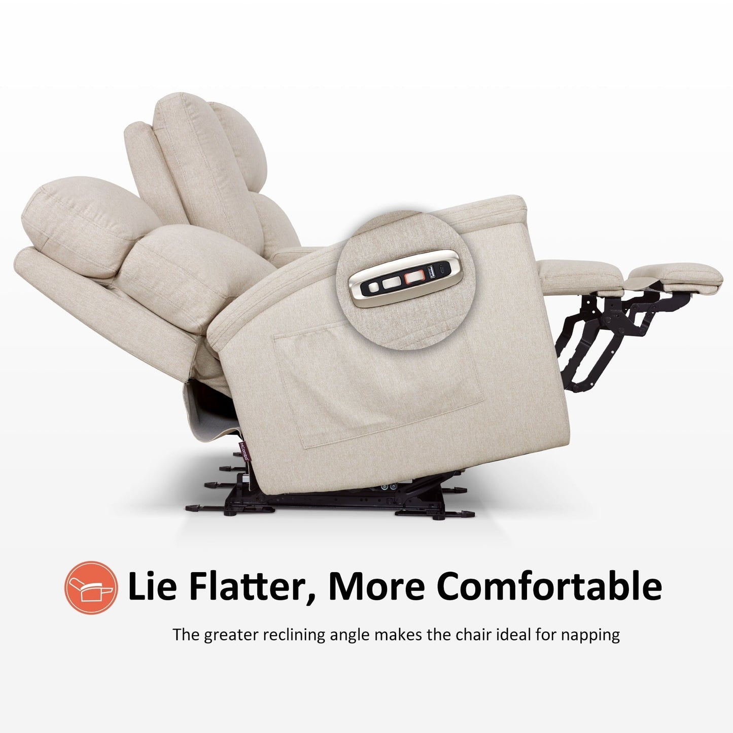 Canapé inclinable électrique MCombo 60.2 avec fonction massage et chauffage double, appui-tête réglable, ports USB et Type C, revêtement en tissu