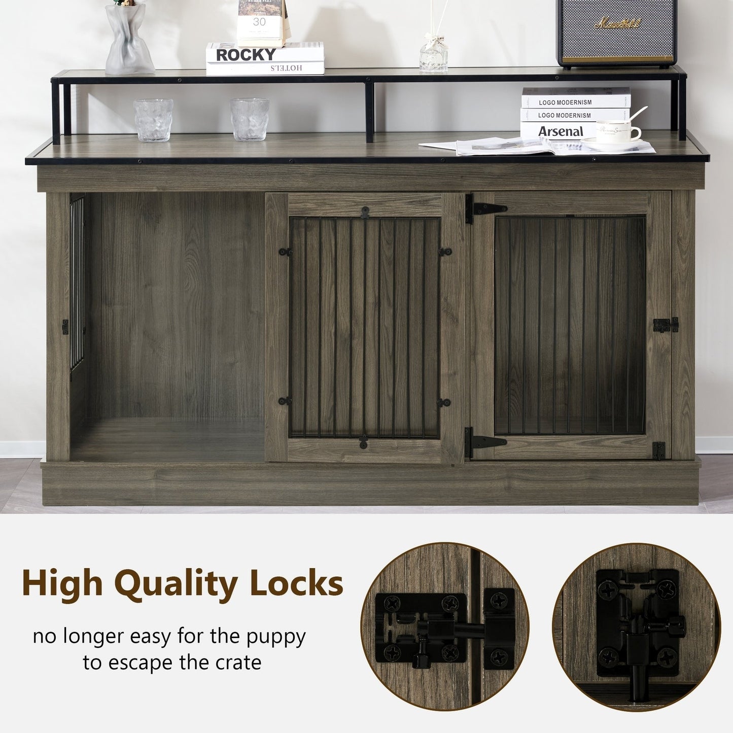 Meuble TV intégré pour grande cage à chien Mcombo, niche en bois avec double porte 1861