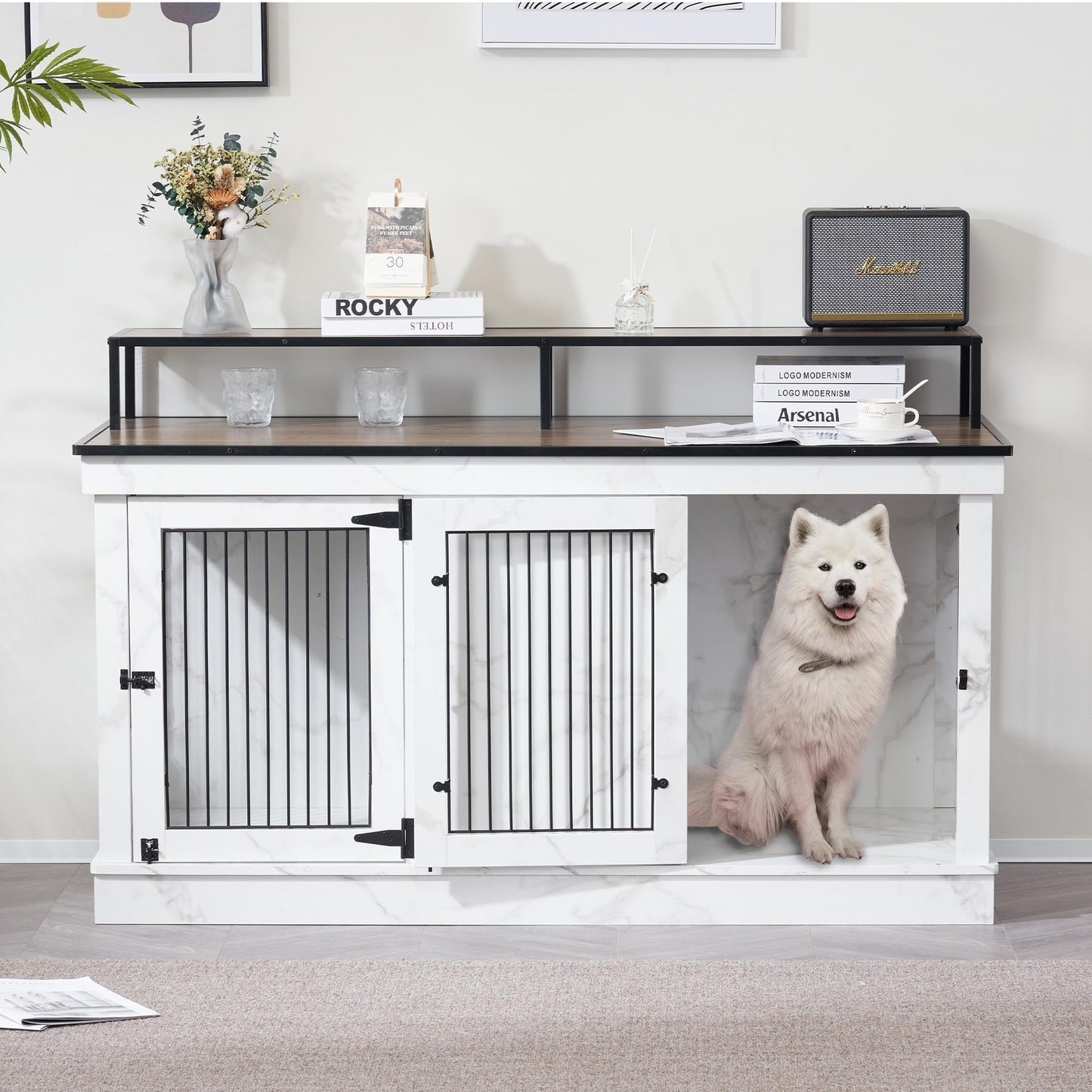 Meuble TV intégré pour grande cage à chien Mcombo, niche en bois avec double porte 1861