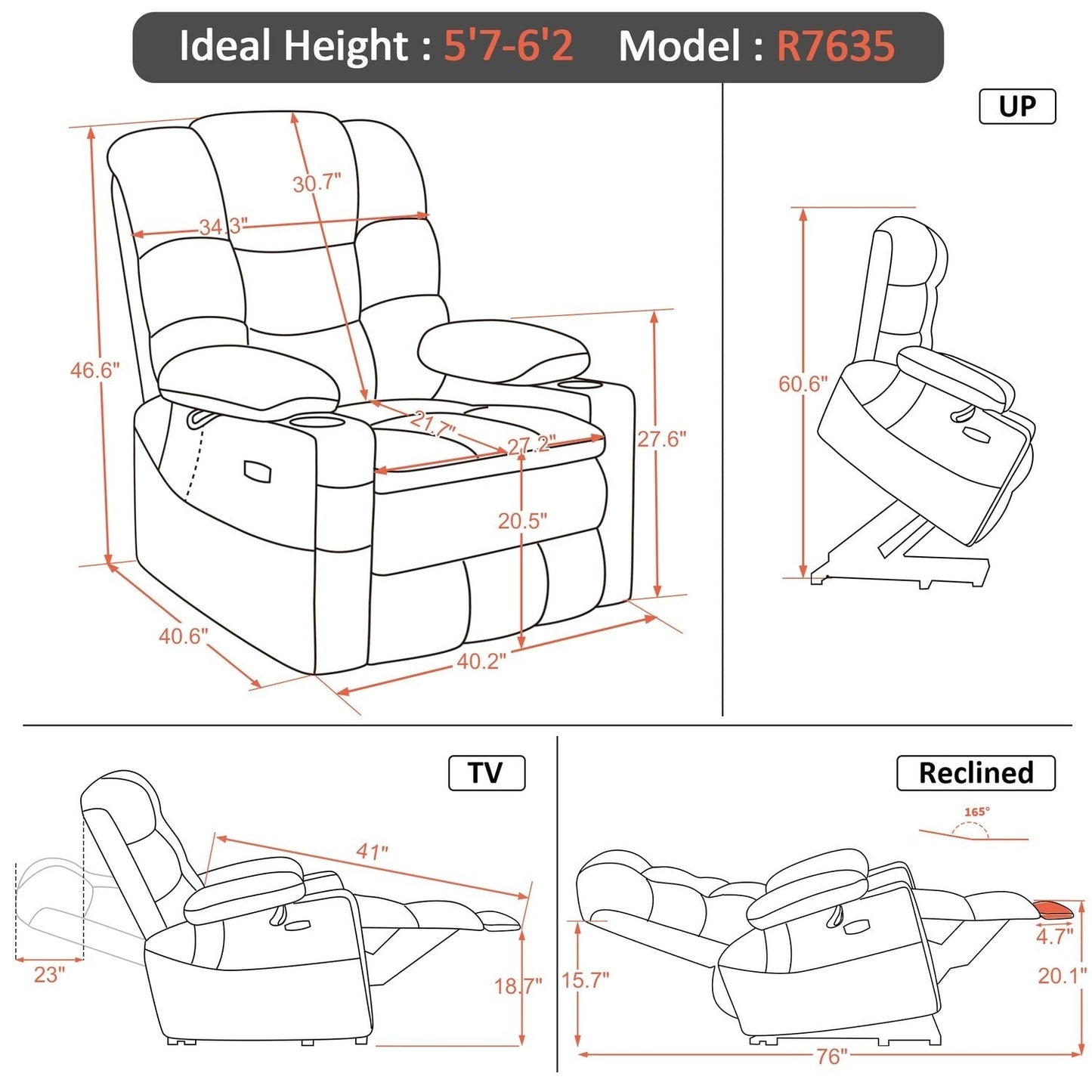 Fauteuil releveur électrique double moteur MCombo grand format avec massage et double chauffage pour personnes âgées de grande taille, tissu R7635