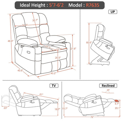 Fauteuil releveur électrique double moteur MCombo grand format avec massage et double chauffage pour personnes âgées de grande taille, tissu R7635