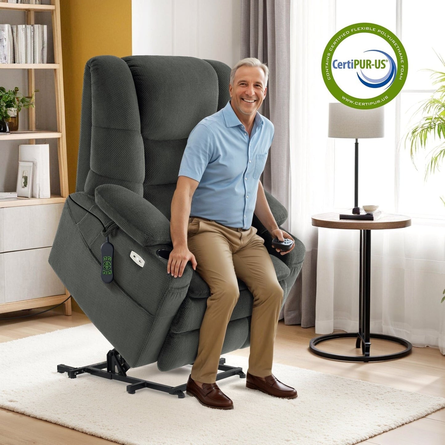 Fauteuil releveur électrique double moteur MCombo grand format avec massage et double chauffage pour personnes âgées de grande taille, tissu R7635