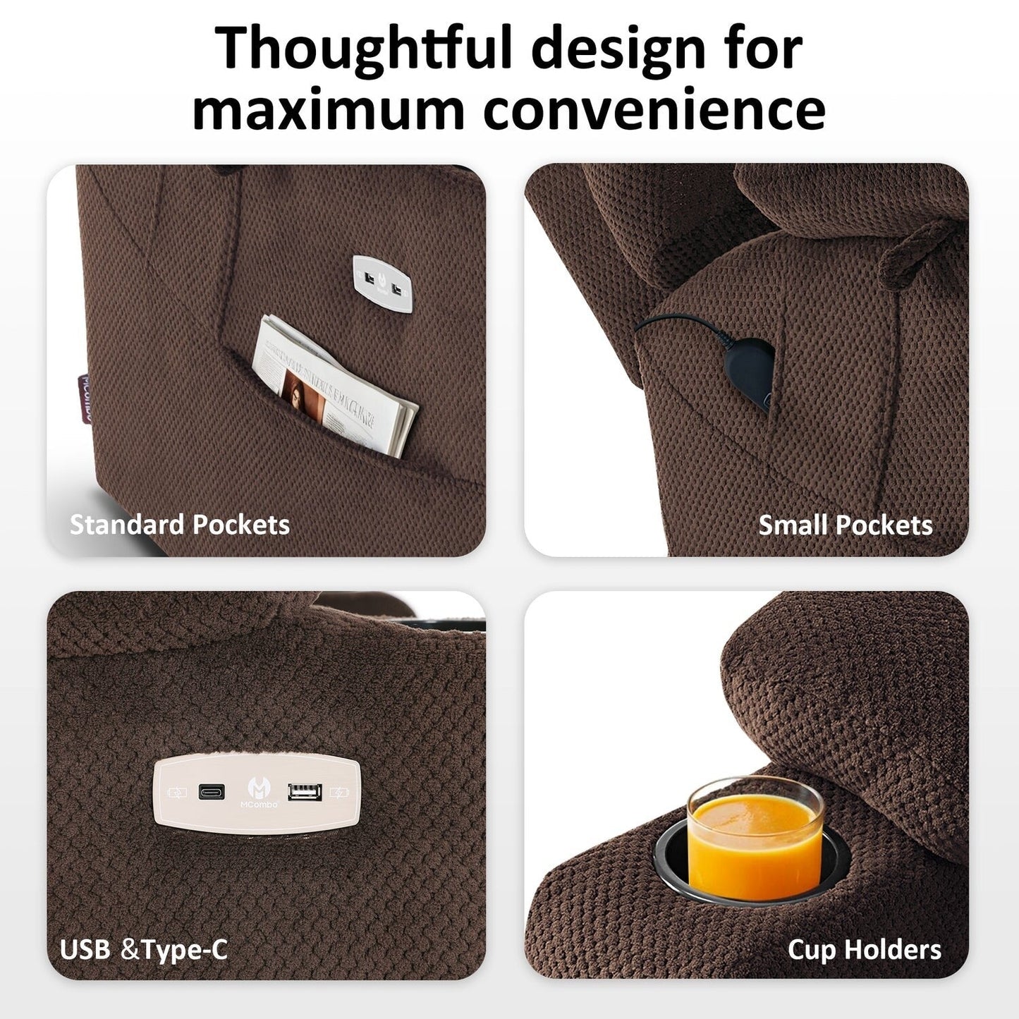 Fauteuil releveur électrique double moteur MCombo grand format avec massage et double chauffage pour personnes âgées de grande taille, tissu R7635