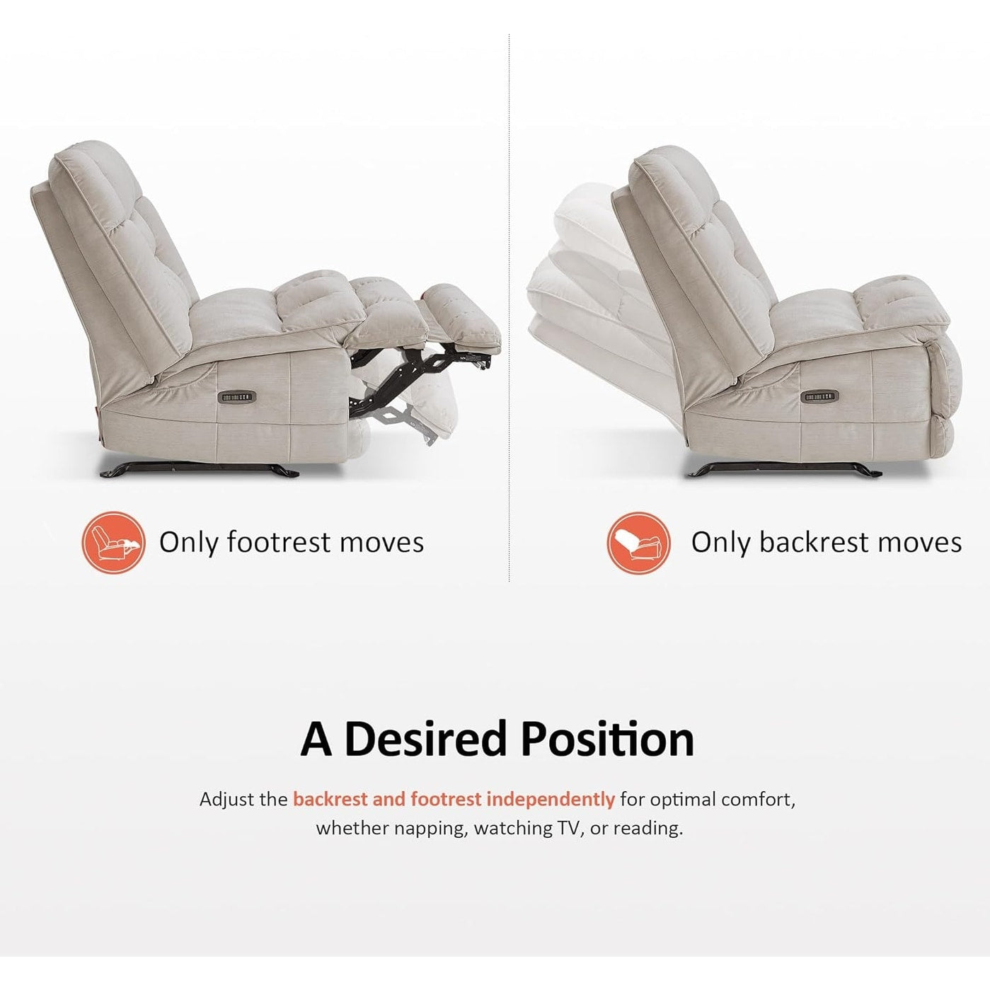 Fauteuil inclinable électrique sans accoudoirs à double moteur MCombo surdimensionné, modèle Zeroarms, idéal pour le salon, tissu PR607