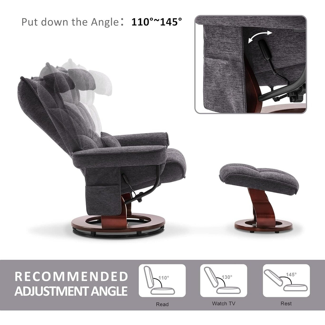 Ensemble MCombo de 2 fauteuils inclinables pivotants avec repose-pieds et coussin cervical, en tissu chenille