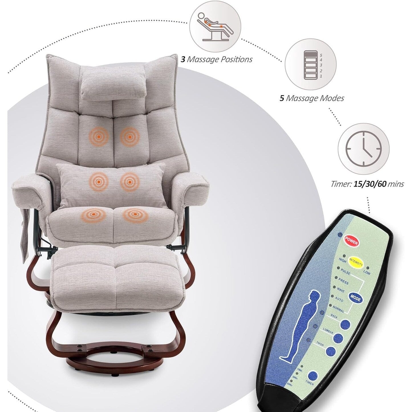 Ensemble MCombo de 2 fauteuils inclinables pivotants avec repose-pieds et coussin cervical, en tissu chenille