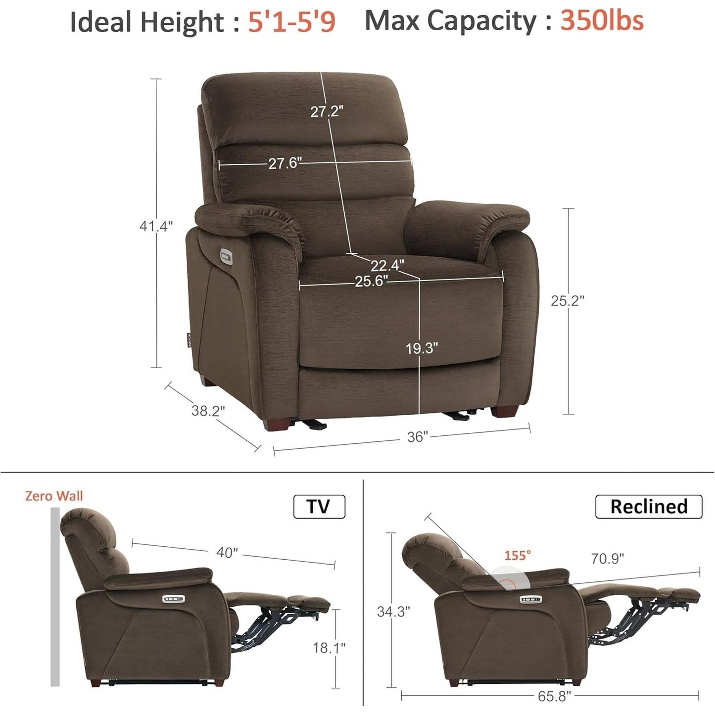 Fauteuil inclinable électrique MCombo Zero Wall-Hugger avec appui-tête réglable, idéal pour les petits espaces et les camping-cars, tissu ST257
