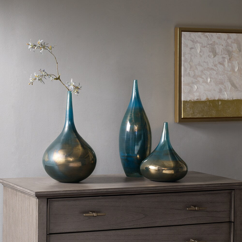 Ensemble de 3 vases décoratifs en verre bleu aurore et bronze Madison Park Signature