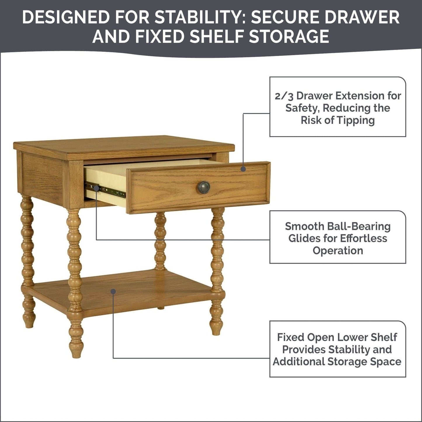 Table de chevet en bois tourné Beckett, signée Madison Park, avec tiroir et étagère.