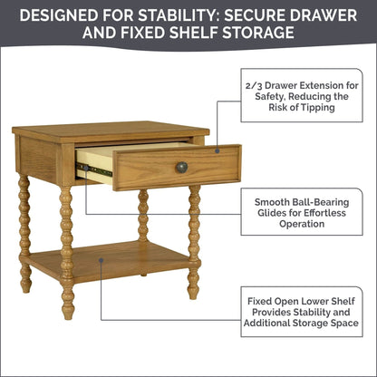 Table de chevet en bois tourné Beckett, signée Madison Park, avec tiroir et étagère.
