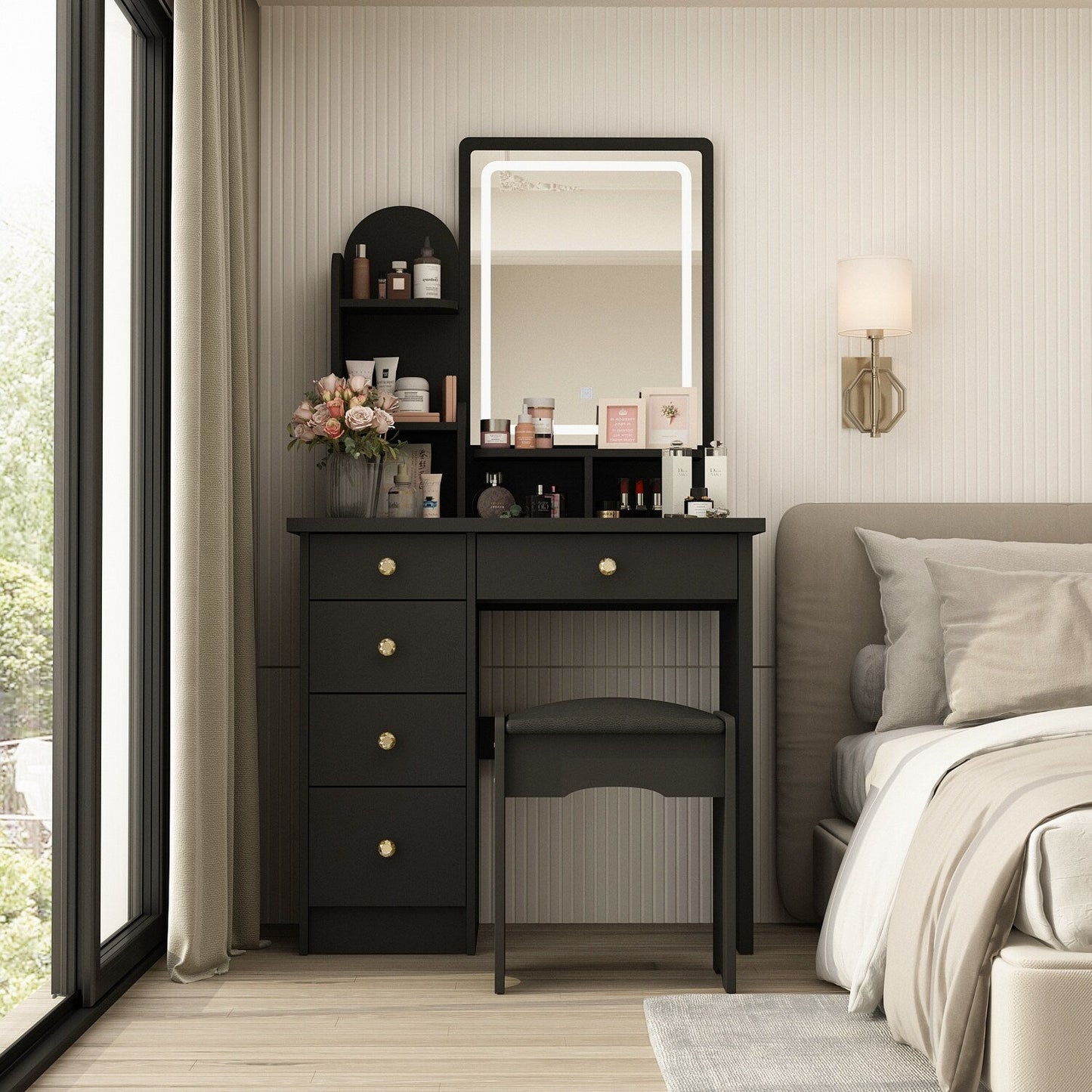 Ensemble coiffeuse avec lumière LED, miroir et tabouret