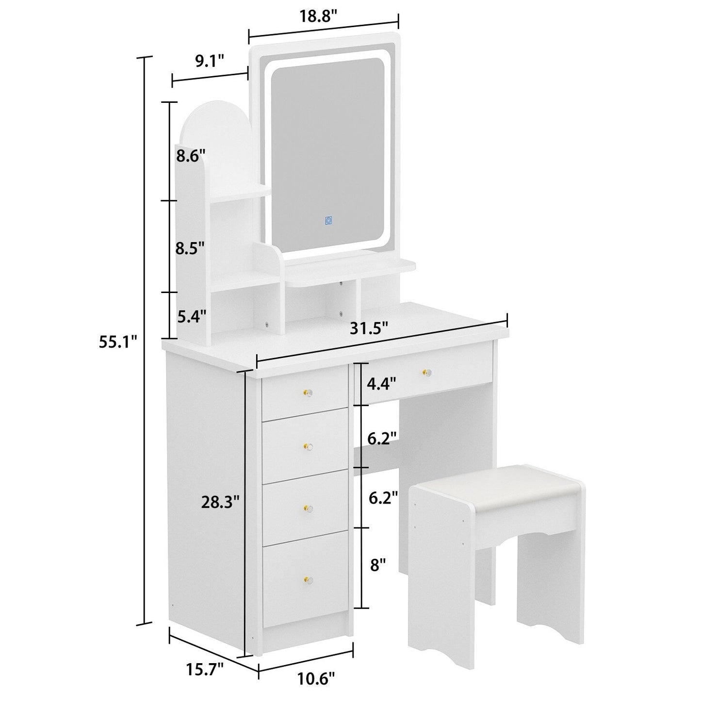 Ensemble coiffeuse avec lumière LED, miroir et tabouret