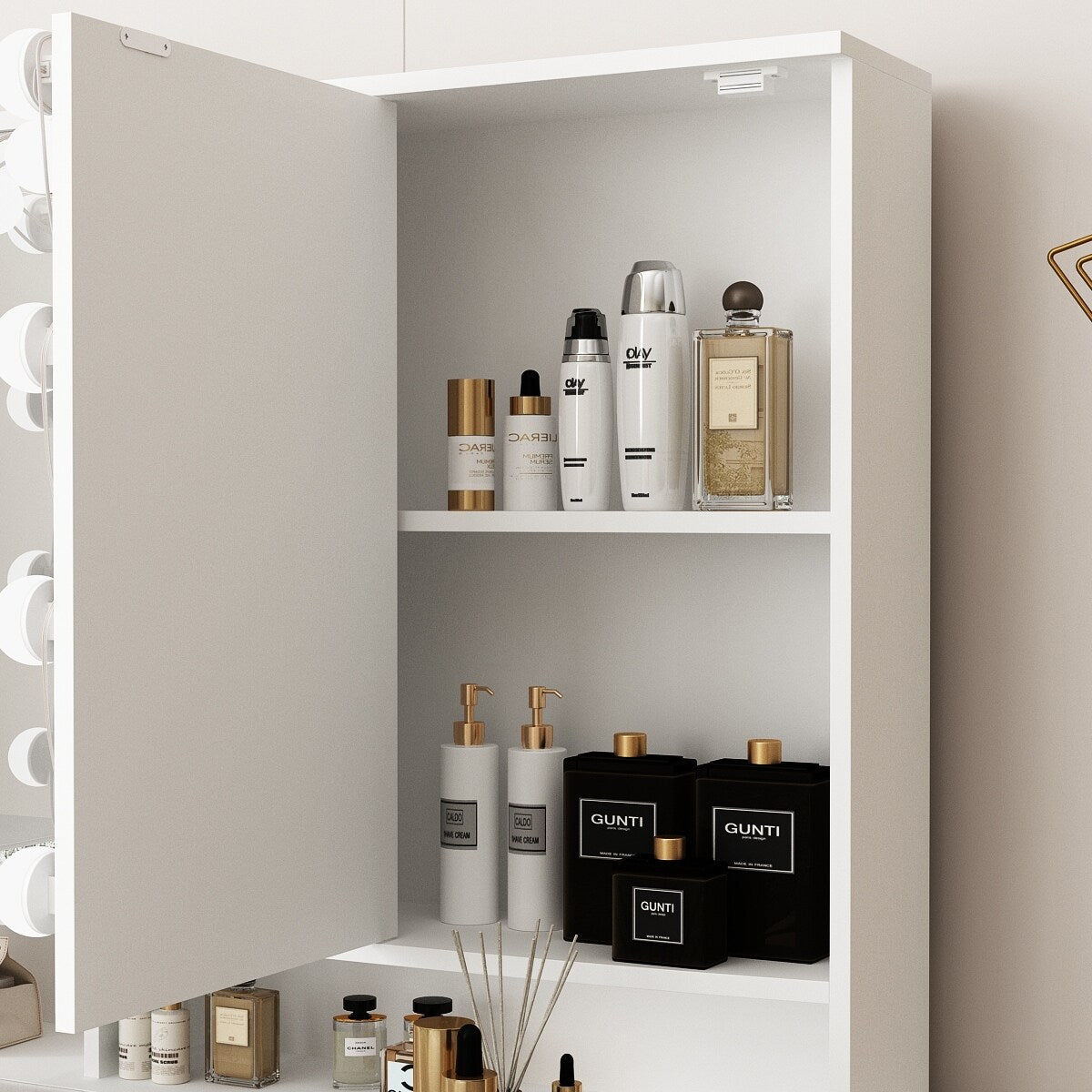 Coiffeuse avec miroir à trois volets, éclairage certifié, plateau en verre