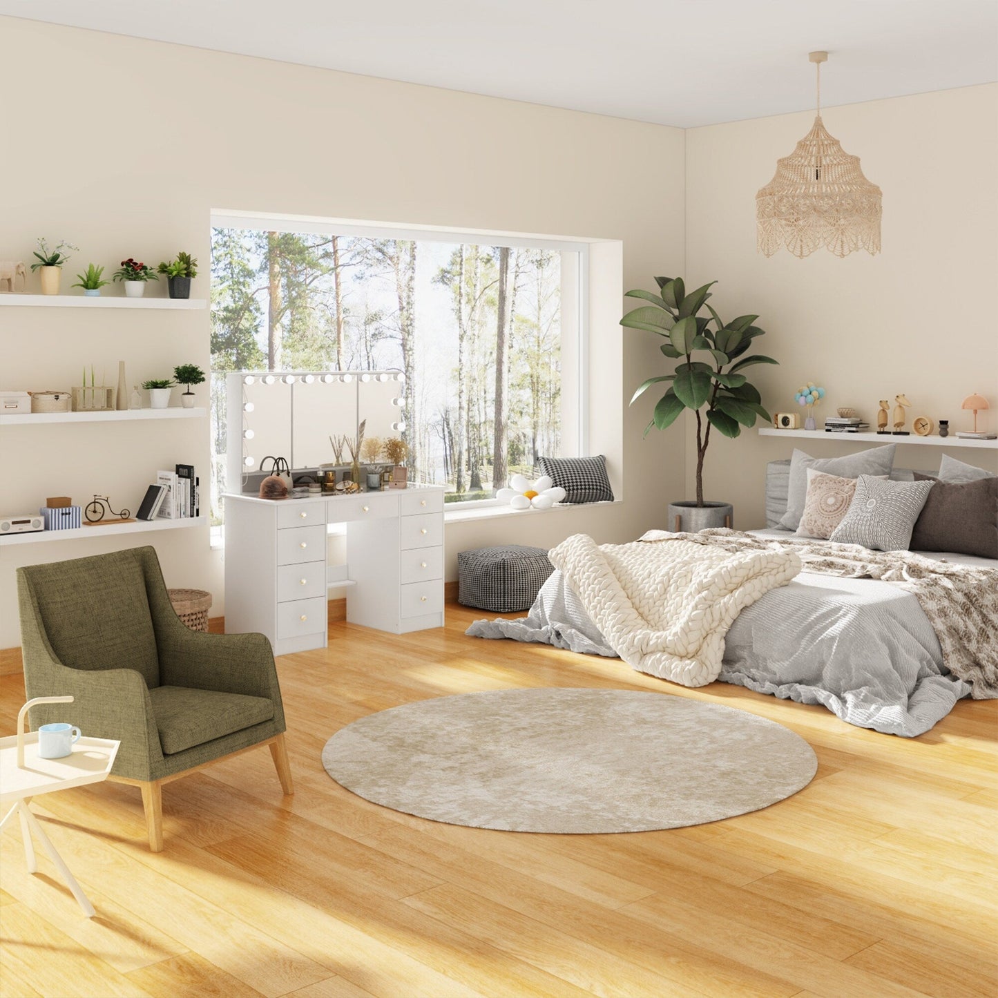 Coiffeuse avec miroir à trois volets, éclairage certifié, plateau en verre