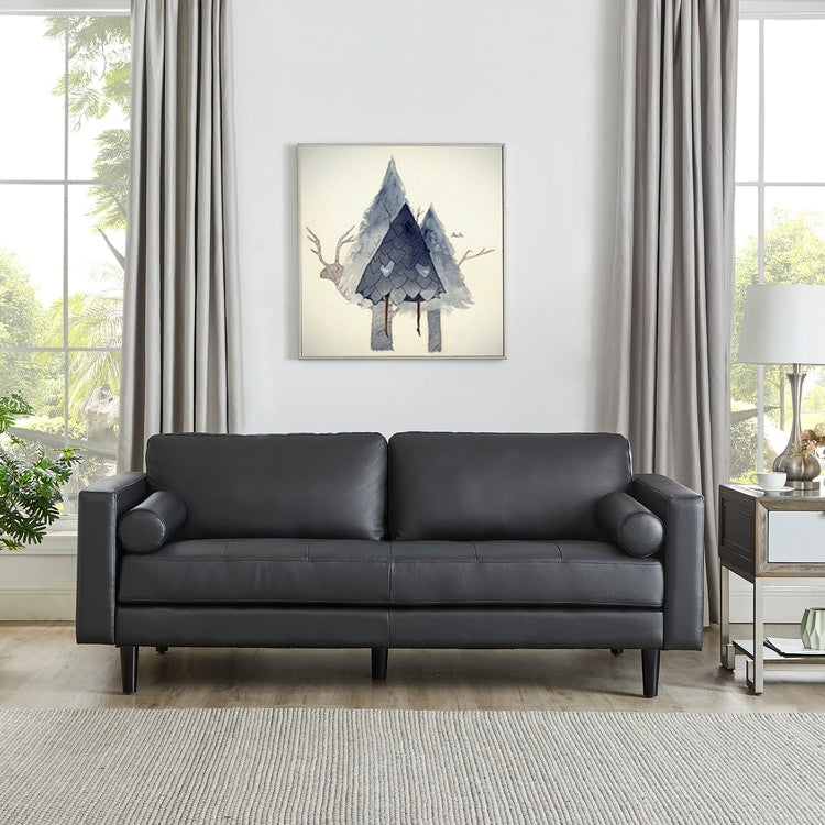 Canapé moderne en cuir véritable avec pieds en bois et coussin cylindrique supplémentaire