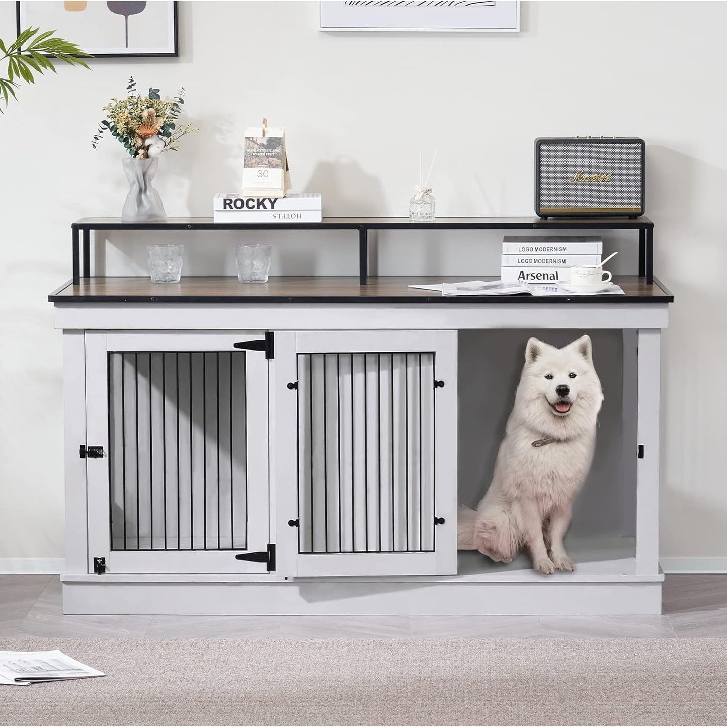 Meuble TV intégré pour grande cage à chien Mcombo, niche en bois avec double porte 1861