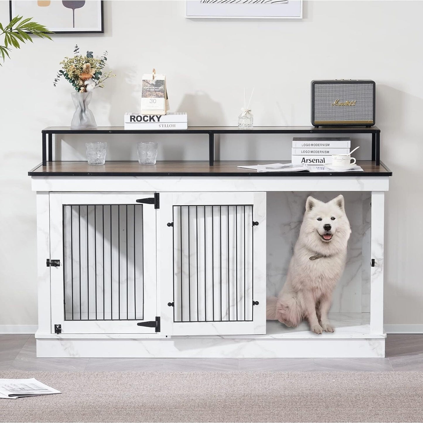 Meuble TV intégré pour grande cage à chien Mcombo, niche en bois avec double porte 1861