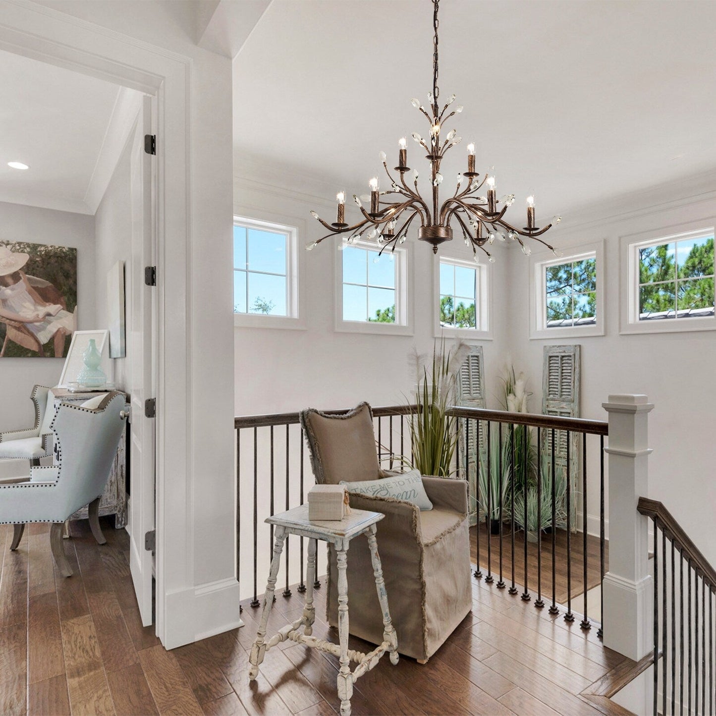 Lustre suspendu rétro style ferme, branches d'arbre, cristal, bougie