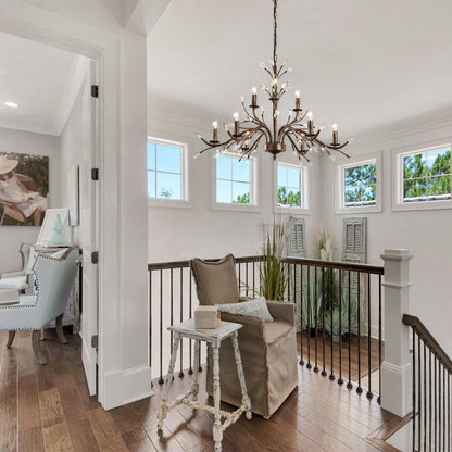 Lustre suspendu rétro style ferme, branches d'arbre, cristal, bougie