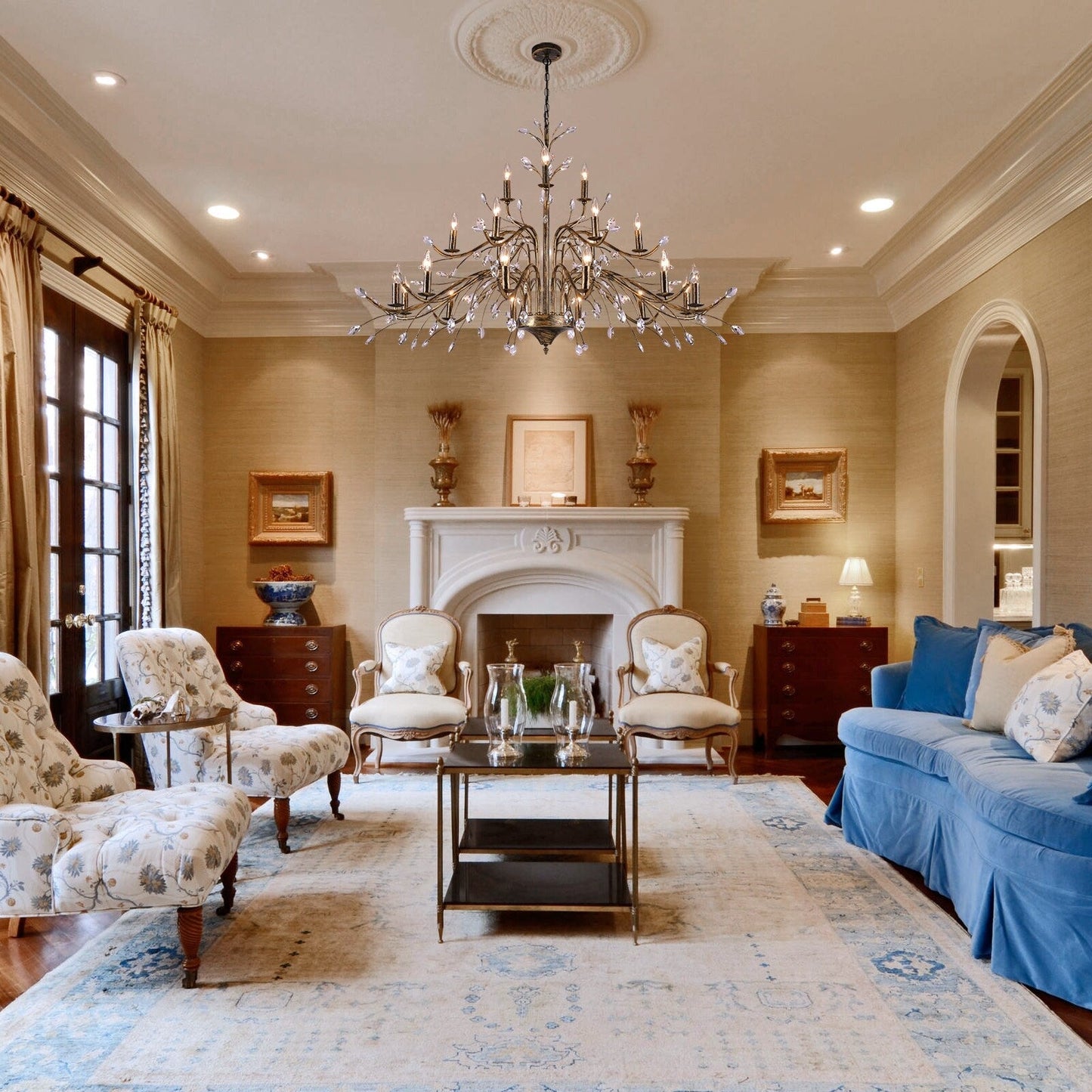 Lustre suspendu rétro style ferme, branches d'arbre, cristal, bougie