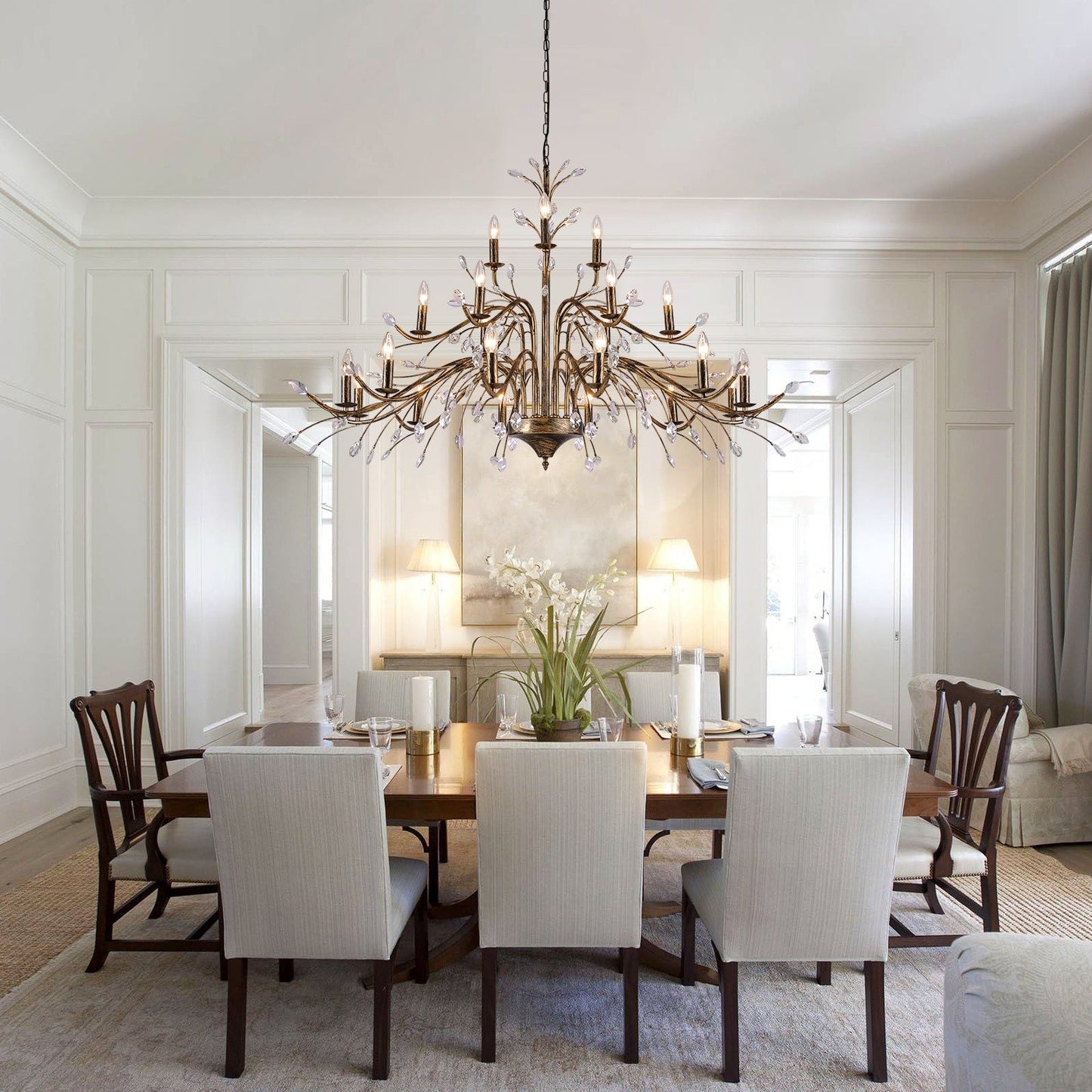 Lustre suspendu rétro style ferme, branches d'arbre, cristal, bougie