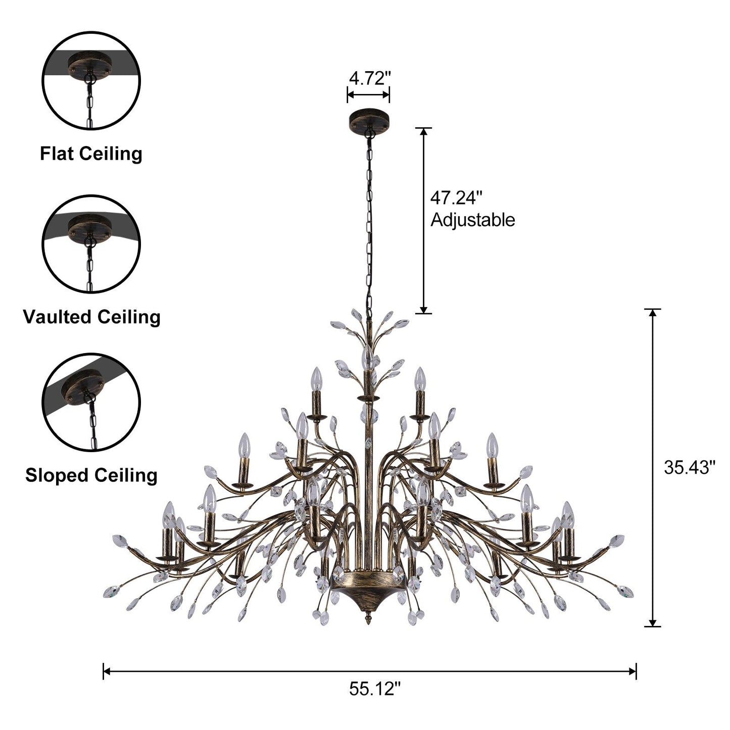Lustre suspendu rétro style ferme, branches d'arbre, cristal, bougie
