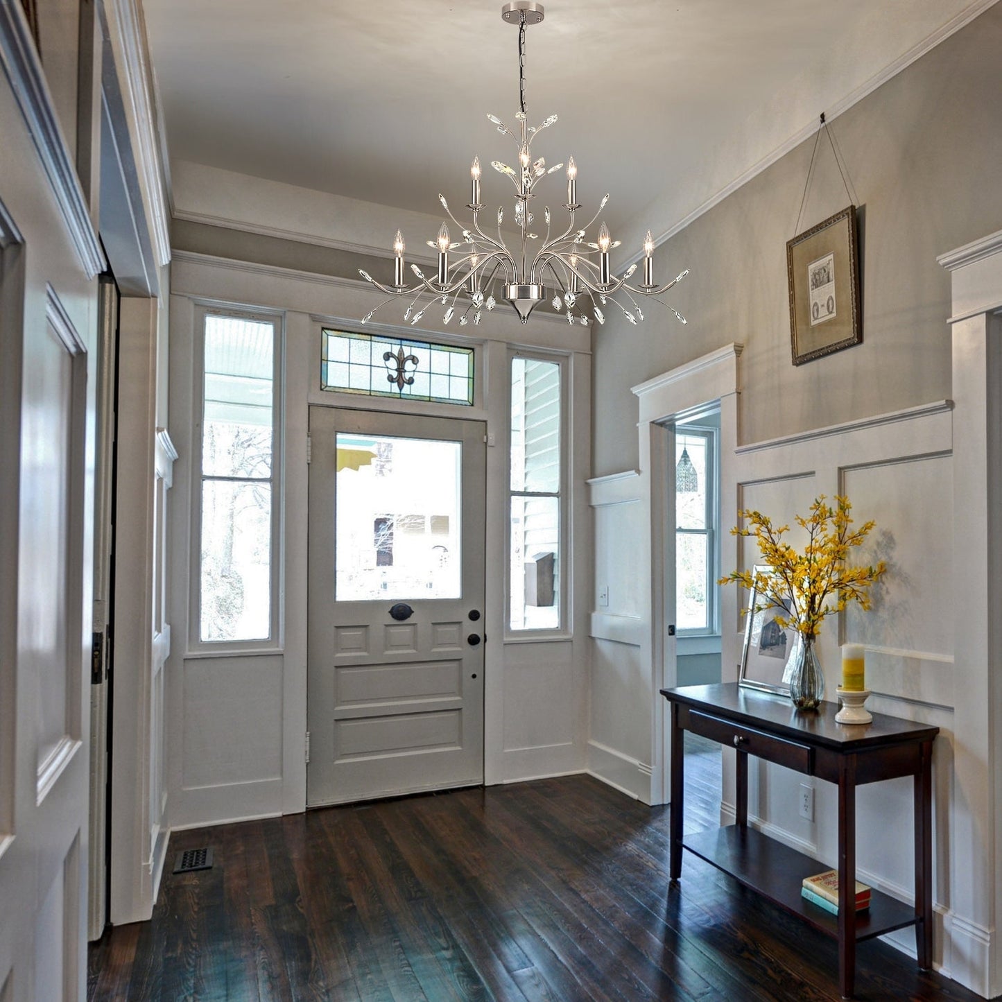 Lustre suspendu rétro style ferme, branches d'arbre, cristal, bougie