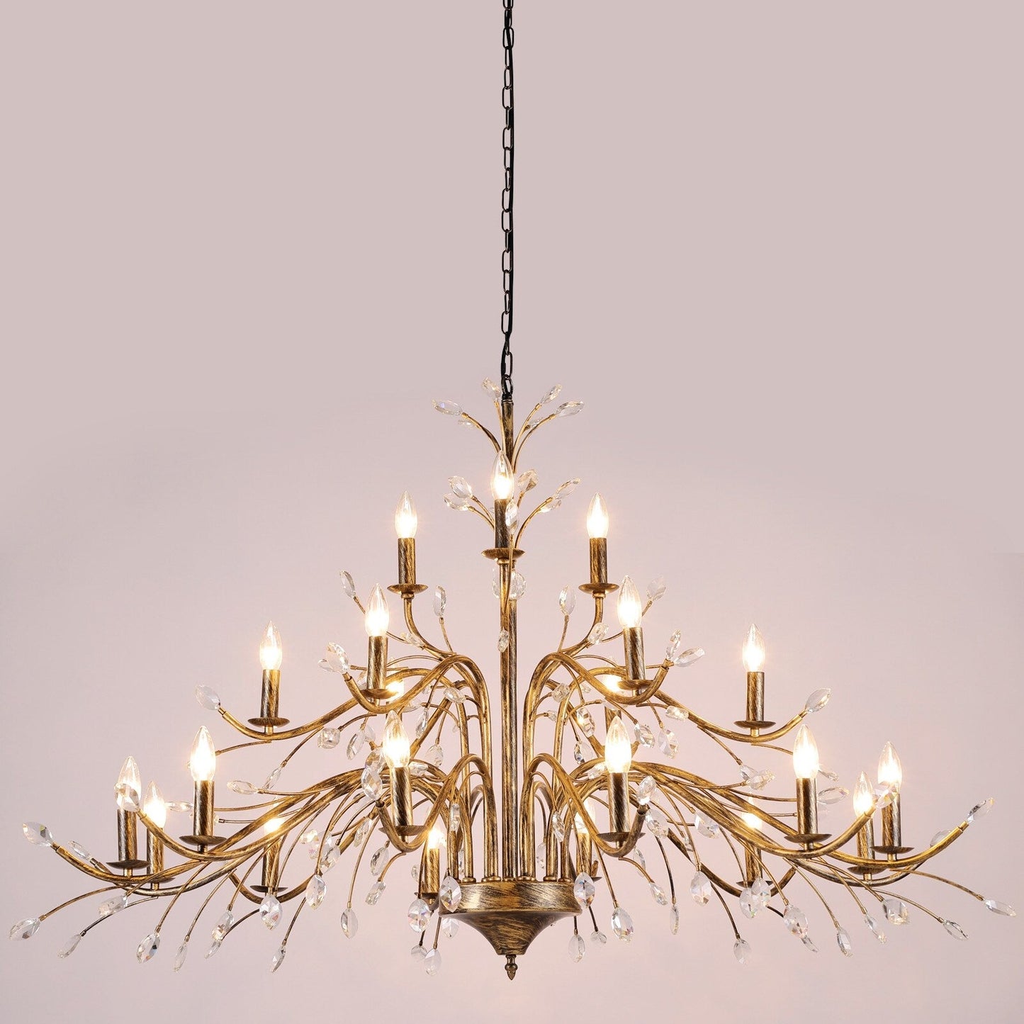 Lustre suspendu rétro style ferme, branches d'arbre, cristal, bougie