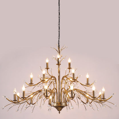 Lustre suspendu rétro style ferme, branches d'arbre, cristal, bougie