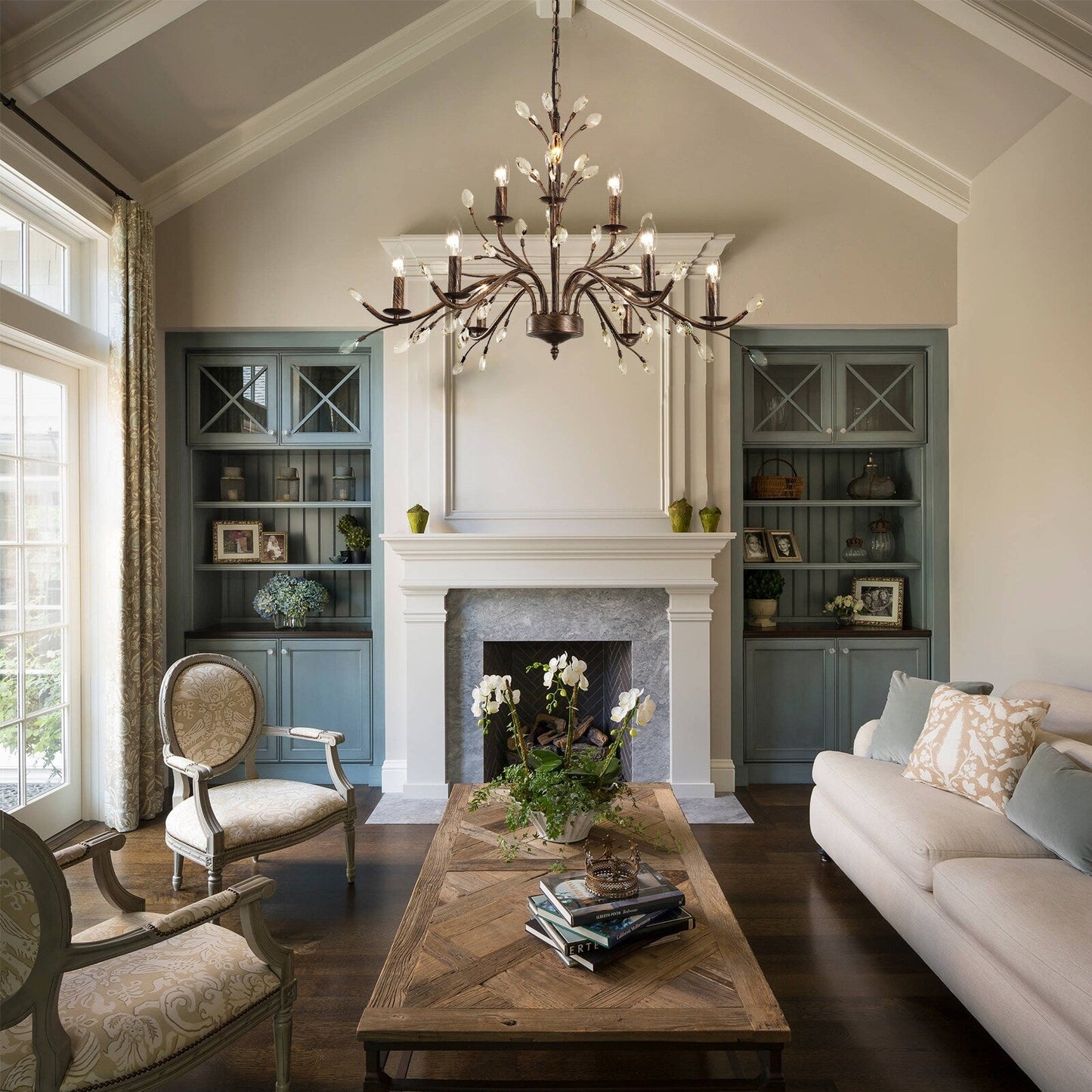 Lustre suspendu rétro style ferme, branches d'arbre, cristal, bougie