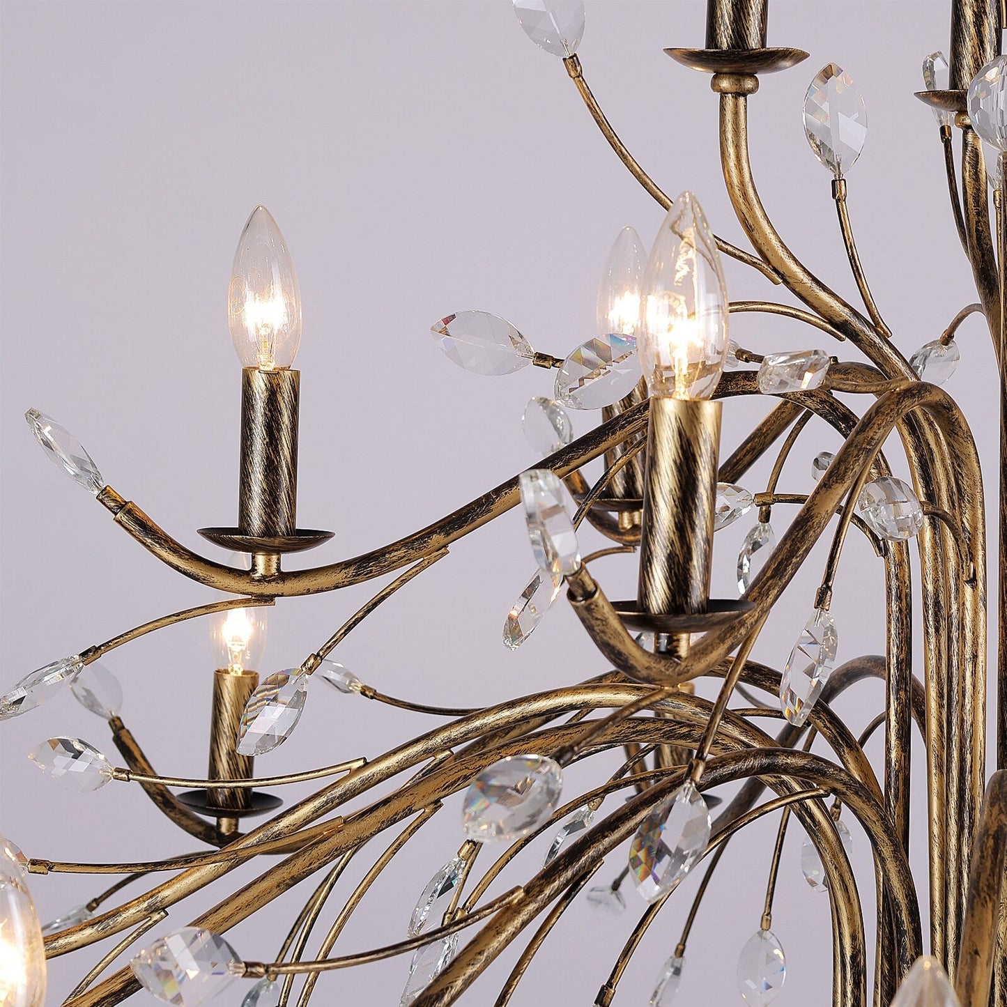 Lustre suspendu rétro style ferme, branches d'arbre, cristal, bougie