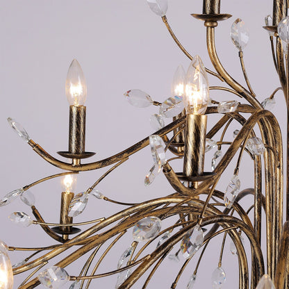 Lustre suspendu rétro style ferme, branches d'arbre, cristal, bougie