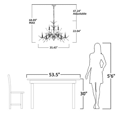 Lustre suspendu rétro style ferme, branches d'arbre, cristal, bougie