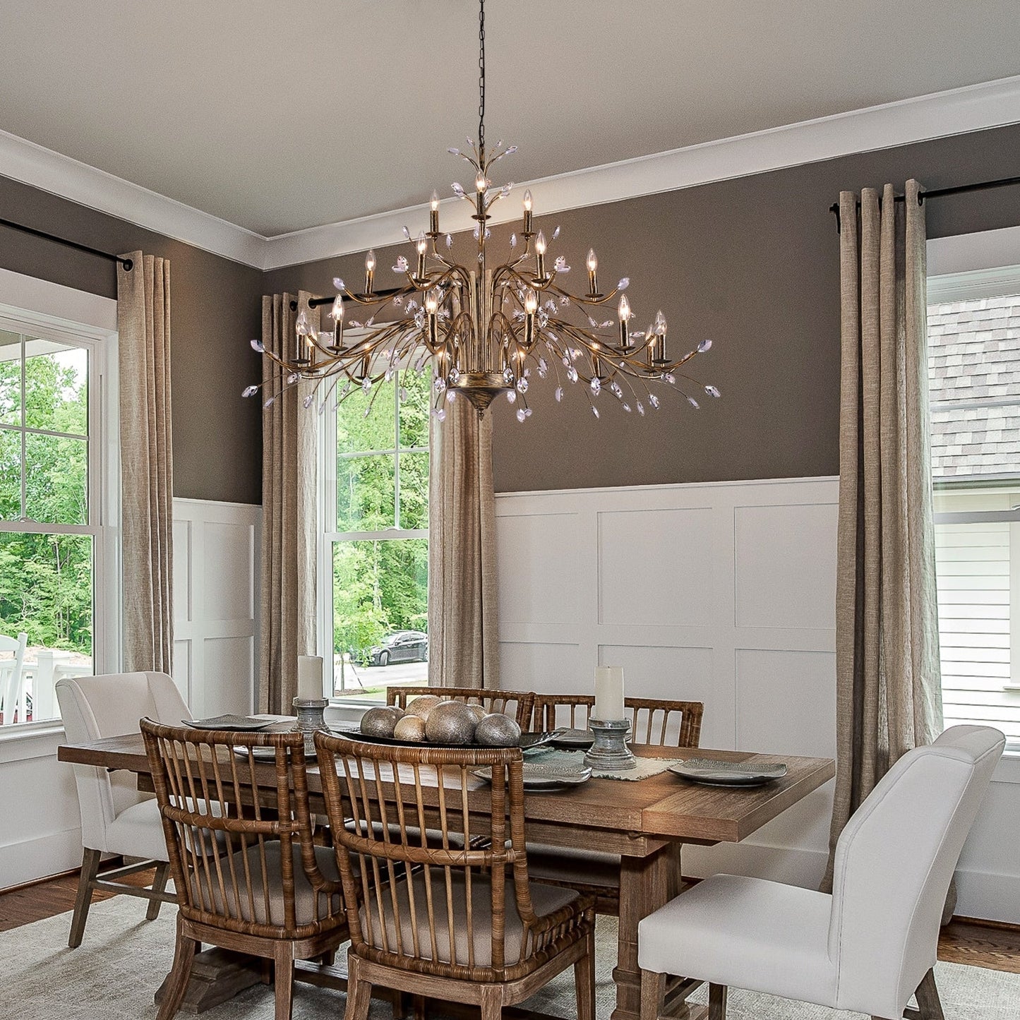 Lustre suspendu rétro style ferme, branches d'arbre, cristal, bougie