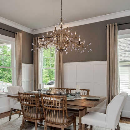 Lustre suspendu rétro style ferme, branches d'arbre, cristal, bougie