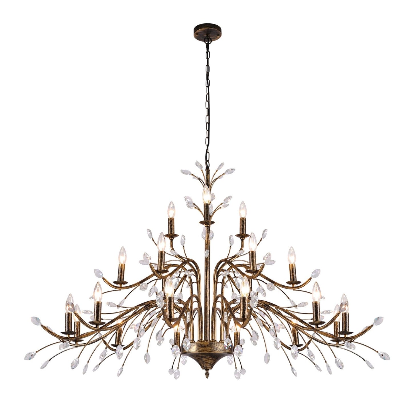 Lustre suspendu rétro style ferme, branches d'arbre, cristal, bougie