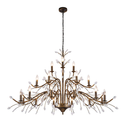 Lustre suspendu rétro style ferme, branches d'arbre, cristal, bougie