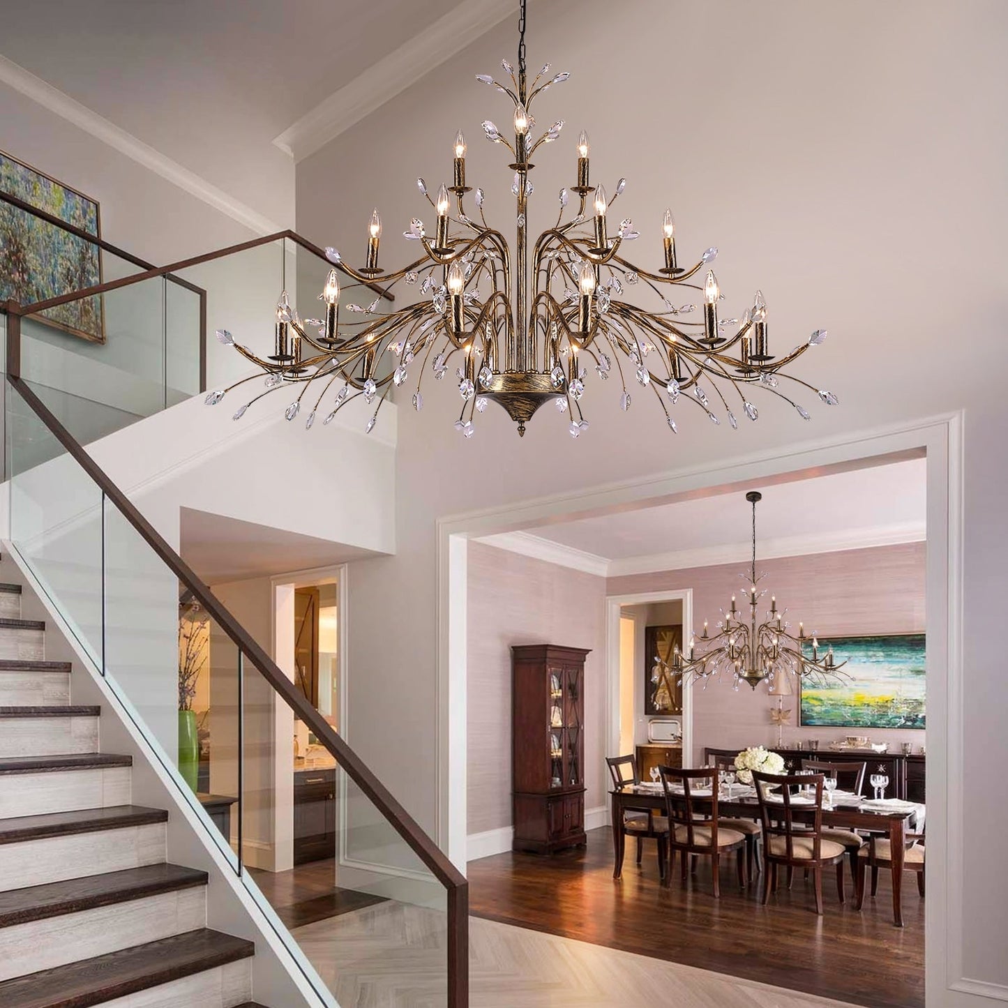 Lustre suspendu rétro style ferme, branches d'arbre, cristal, bougie