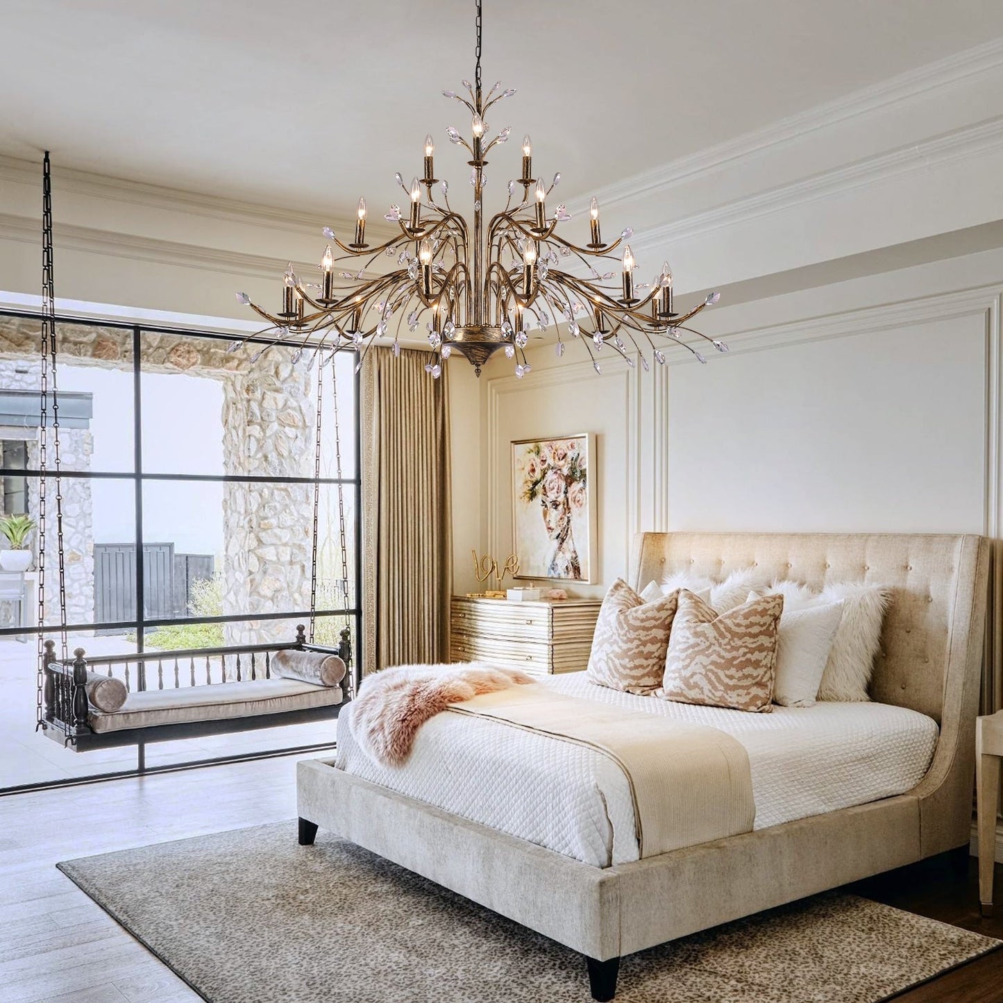 Lustre suspendu rétro style ferme, branches d'arbre, cristal, bougie