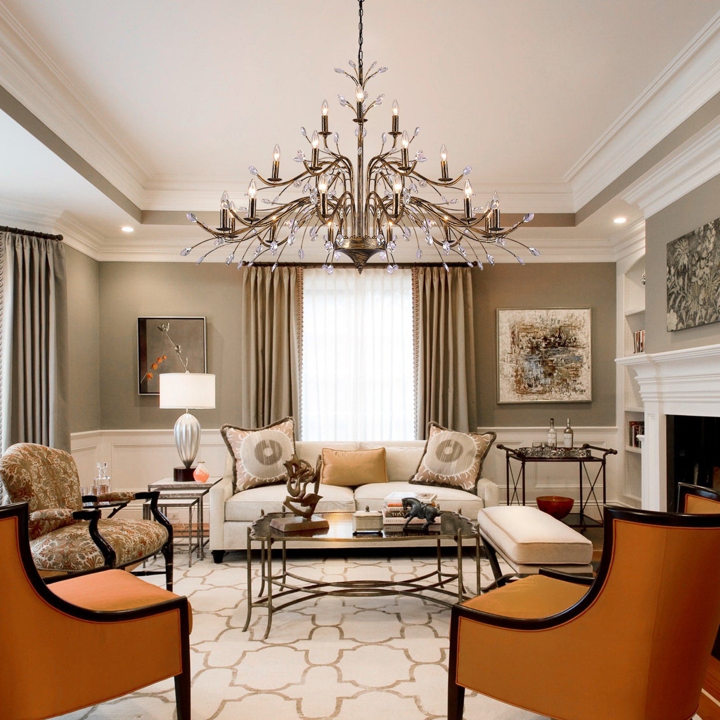 Lustre suspendu rétro style ferme, branches d'arbre, cristal, bougie